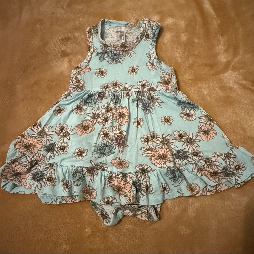 Posh Peanut Baby Girl Floral Ruffle Romper Dress Aqua Blue Pink 3-6 Months